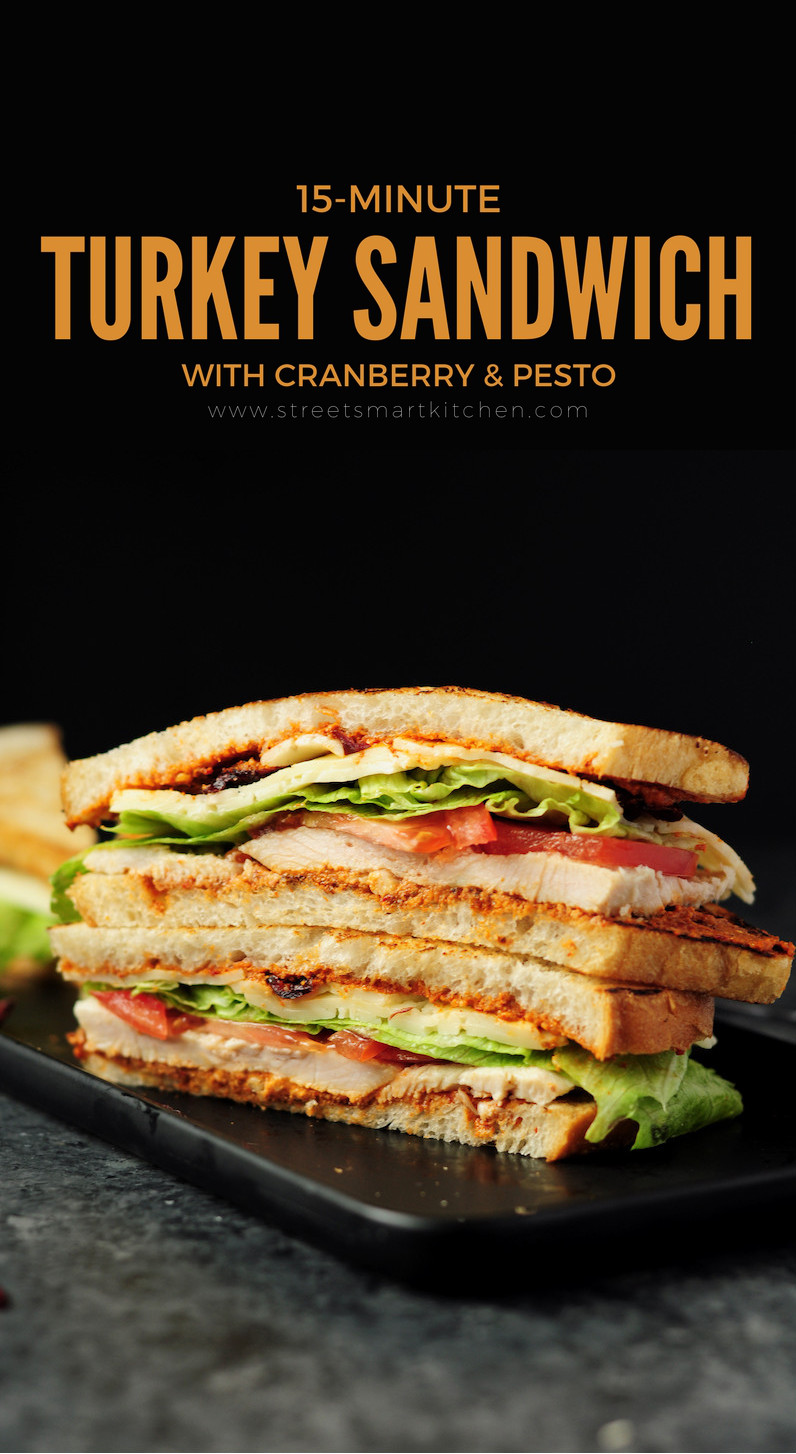 Delicious turkey sandwich assembled with turkey breast, cranberry, fresh tomatoes, lettuce, Havarti cheese and chipotle pecan pesto. Ready in 15 minutes!