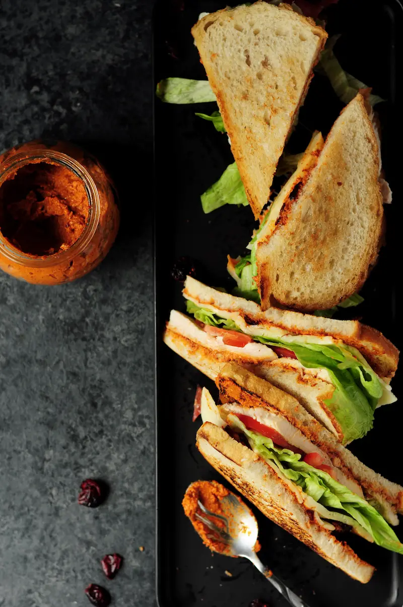 Delicious turkey sandwich assembled with turkey breast, cranberry, fresh tomatoes, lettuce, Havarti cheese and chipotle pecan pesto. Ready in 15 minutes!