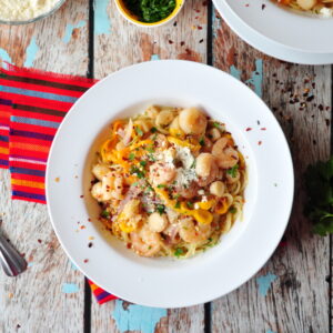 Shrimp and Scallop Scampi in a serving bowl