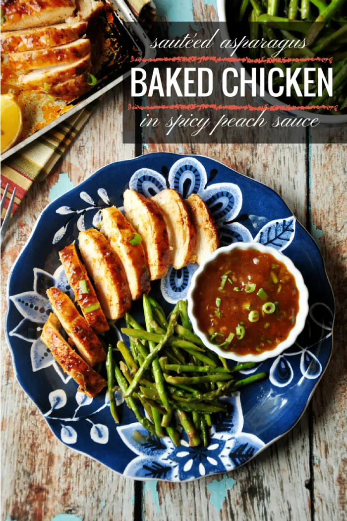Perfectly baked chicken paired with a spicy peach sauce and sautéed asparagus, this is a wonderful low-carb and healthy meal for a busy workday.