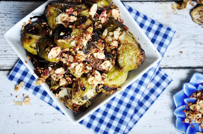 Roasted Brussels Sprouts With Crispy Garlice and Almond