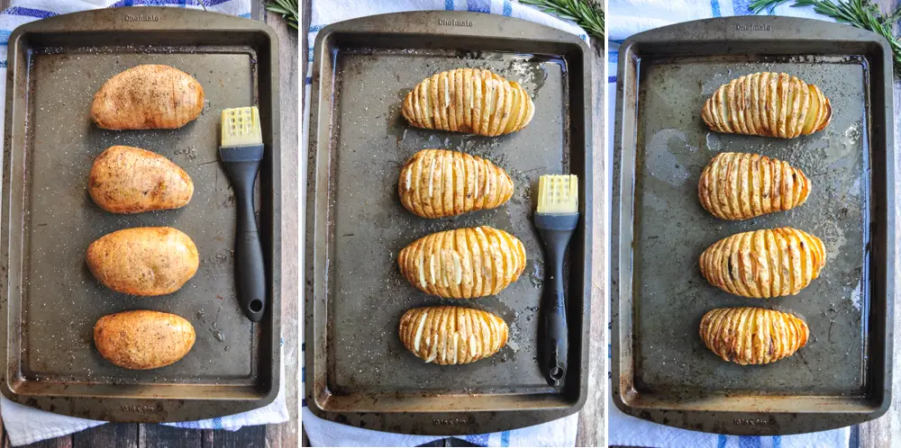 Perfectly baked hasselback potatoes with garlic slices in between, brushed with infused butter, topped with cheddar, parmesan, and three freshly chopped herbs.