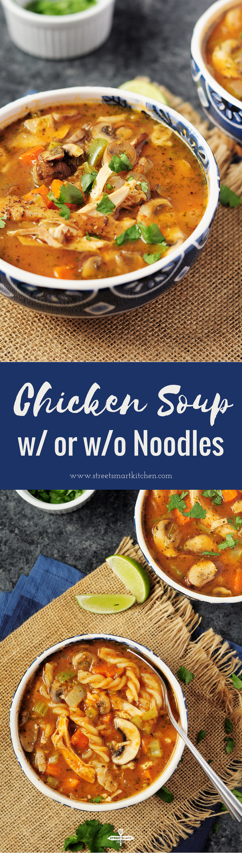 30-min chicken soup recipe loaded with vegetables. Add some noodles to transform it into a hearty chicken noodle soup. A slow cooker recipe is included. 