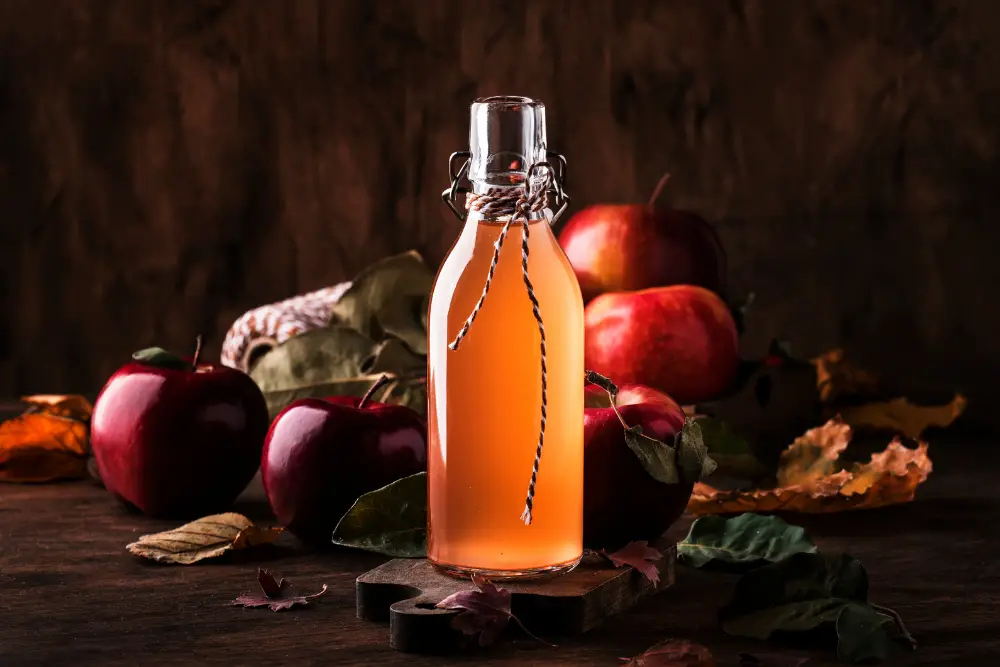A bottle of apple cider vinegar with red apples in the background