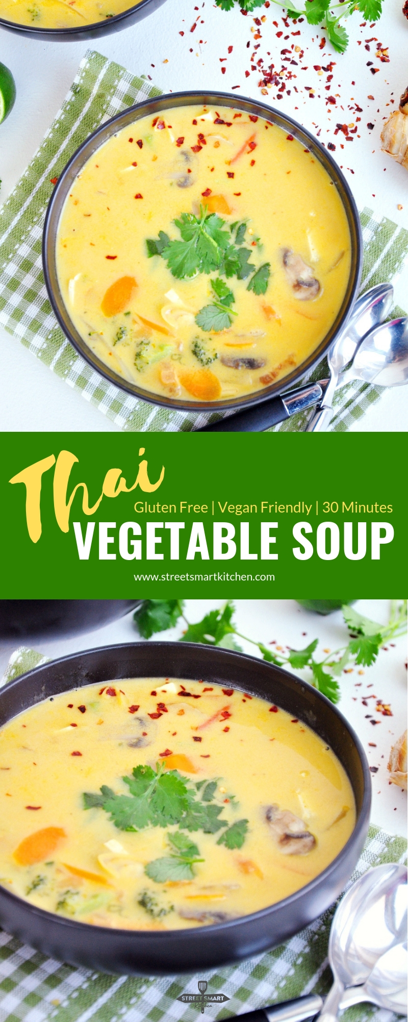 A light Thai vegetable soup recipe, flavored with authentic herbs along with hearty vegetables, coconut milk, and tofu. It's vegan and gluten-free friendly.