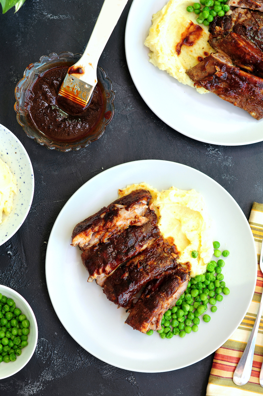 BBQ Baby Back Ribs with Mashed Potatoes and Green Peas