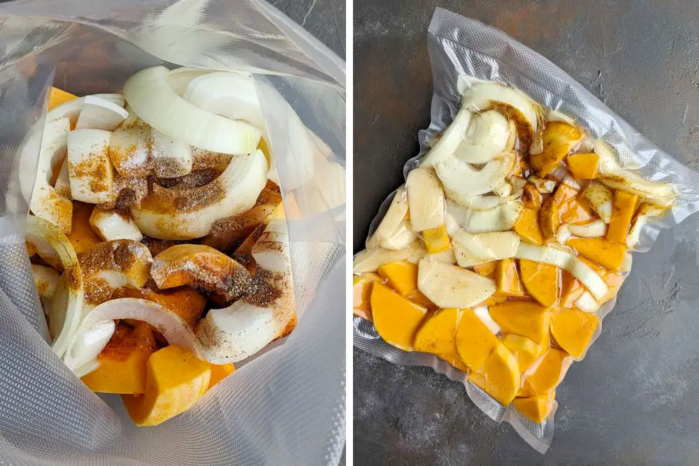 Prepare a large cut-to-size vacuum-sealer bag. Put the prepared butternut squash, apple, onion, and ginger inside the bag. Add salt, pepper, curry powder, and ground nutmeg, followed by olive oil. Arrange the contents in one layer (or two at most) and vacuum-seal the bag. 