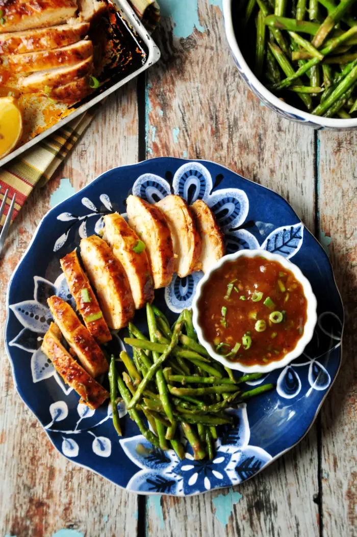 Baked Chicken In Spicy Peach Sauce With Sautéed asparagus