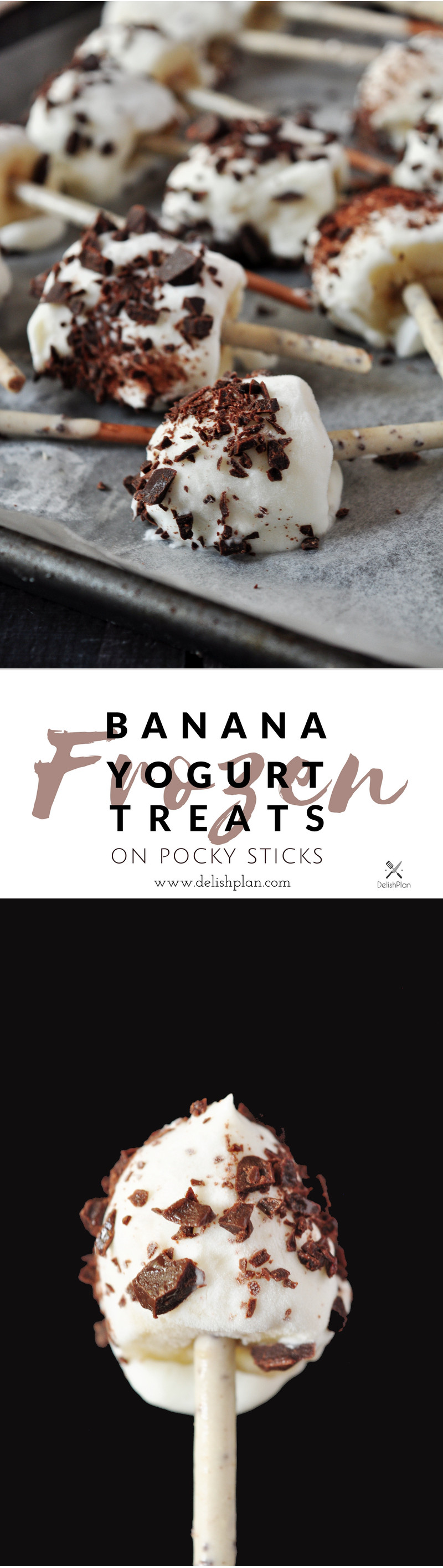 Bananas on Pocky sticks, coated with yogurt and sprinkled with chopped chocolate, these adorable banana yogurt frozen treats are super fun and easy to make.