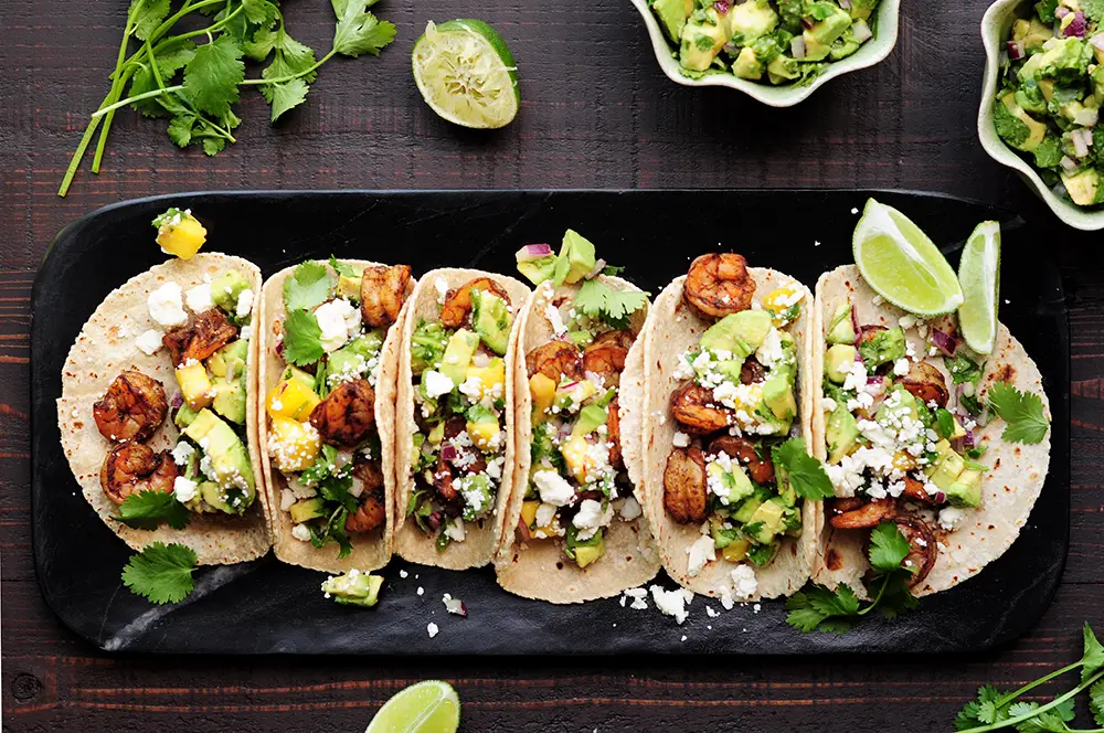 Blackened shrimp tacos with mango avocado salsa streetsmart kitchen