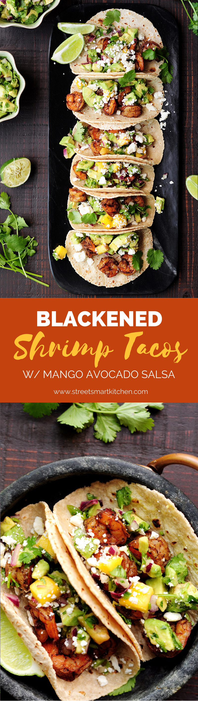 Shrimp tacos made with a homemade blackened seasoning mix, topped with refreshing mango avocado salsa and feta cheese. Yum!