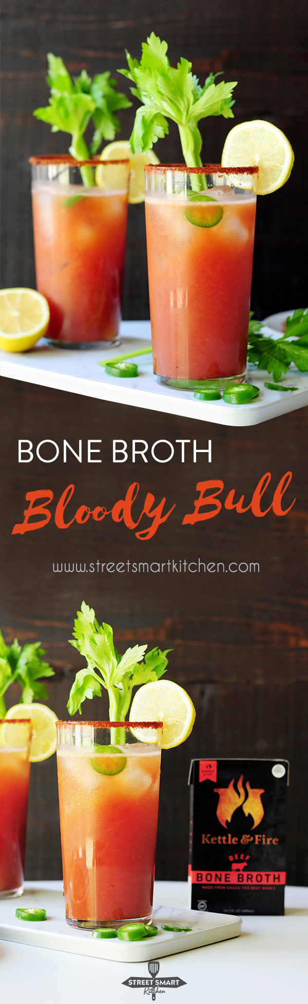 Get the health benefits of bone broth in your next cocktail! This Bloody Bull recipe gives you the perfect combination of a Bloody Mary and a Bullshot, with savory and nutritious bone broth added in.