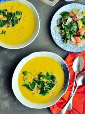 Creamy sous vide butternut squash soup with an earthy touch of sautéed Swiss chard that you can't stop eating.