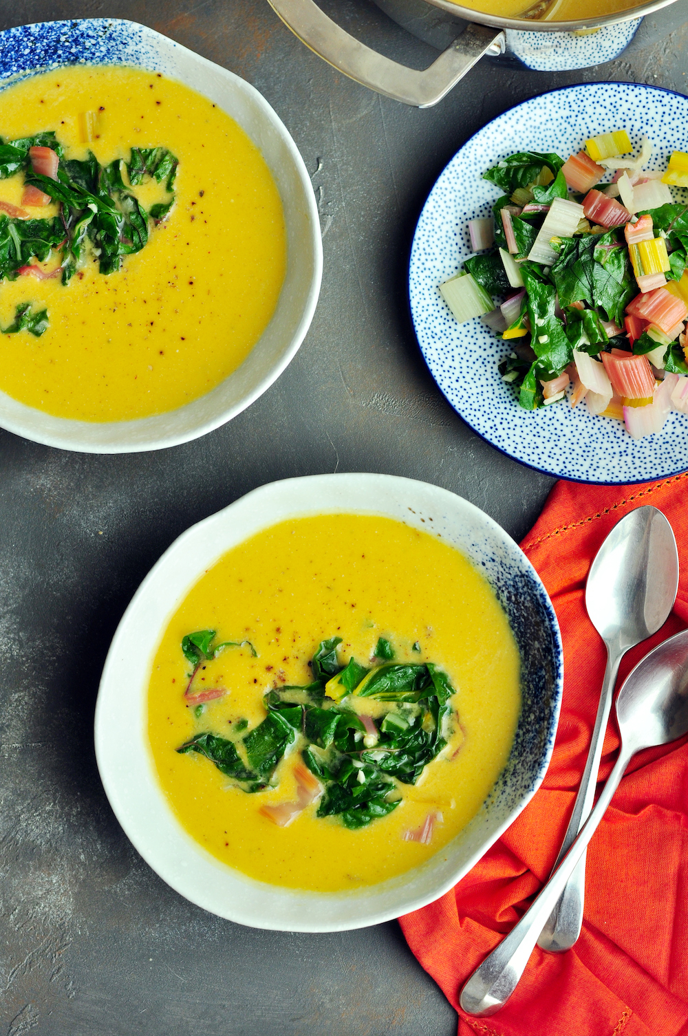 Creamy sous vide butternut squash soup with an earthy touch of sautéed Swiss chard that you can't stop eating.