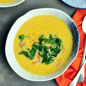 Creamy sous vide butternut squash soup with an earthy touch of sautéed Swiss chard that you can't stop eating.