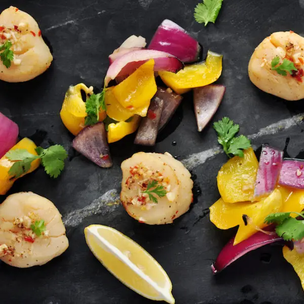 Cedar Plank Beer Scallops with Roasted Vegetables-4