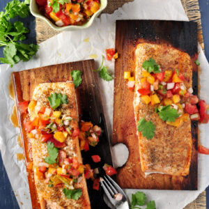 Cedar Plank Salmon with Peach Pico De Gallo