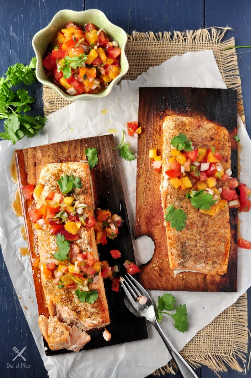 Cedar Plank Salmon with Peach Pico De Gallo