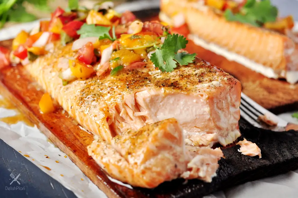 Cedar Plank Salmon with Peach Pico De Gallo