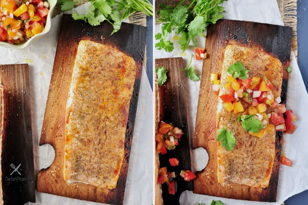 Cedar Plank Salmon with Peach Pico De Gallo