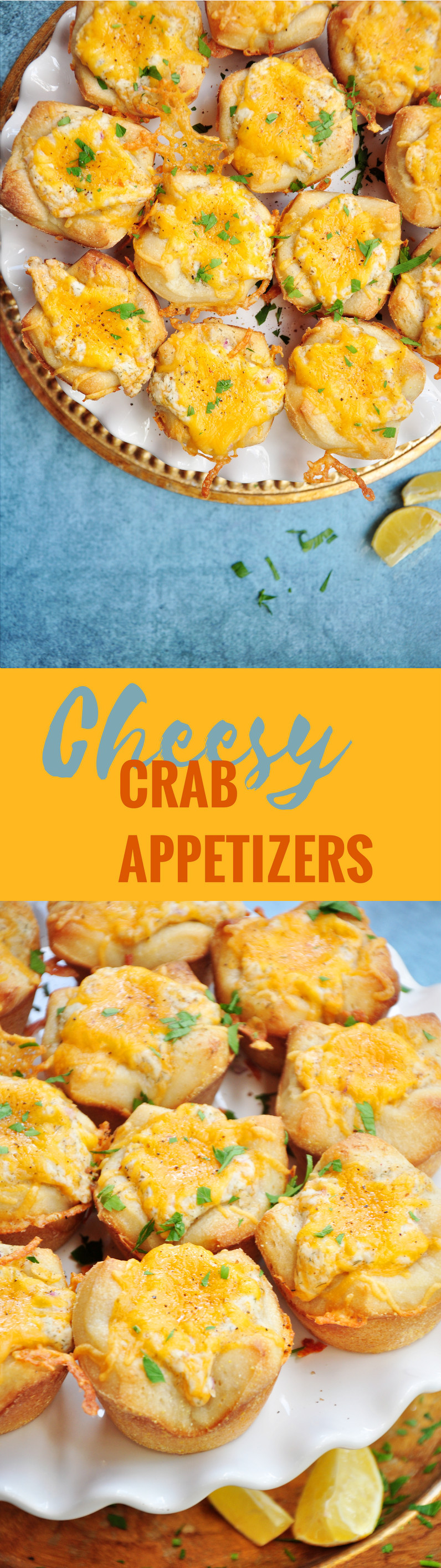 Cheese, crab, herbs and lemon, plus a pizza crust shaped into muffin cups, these cheesy crab appetizers are super fun and quick to make.