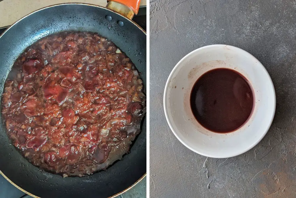 Start the cherry sauce about ten minutes before the sous vide timer is set to go off. Using the same skillet, cook the onions until soft, then add Shaoxing wine, coconut aminos, cherries, and broth. When the sauce is reduced and thickened, add a splash of apple cider vinegar to balance out the sweetness. 