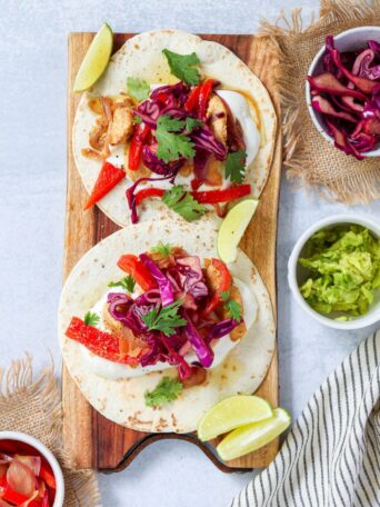 These quick Chicken Fajita Tacos come together in 30 minutes with a stovetop method or pre-cooked sous vide chicken for an even faster meal.