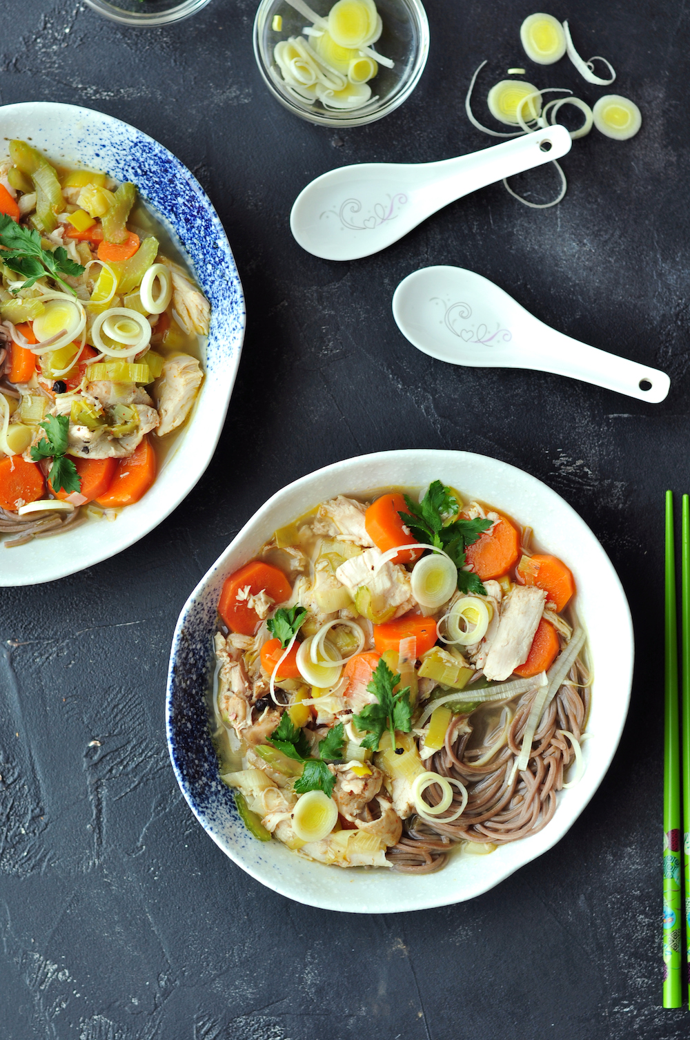This chicken leek soup with your choice of noodles offers up a wholesome and hearty meal with some unusual twists in the flavor department.