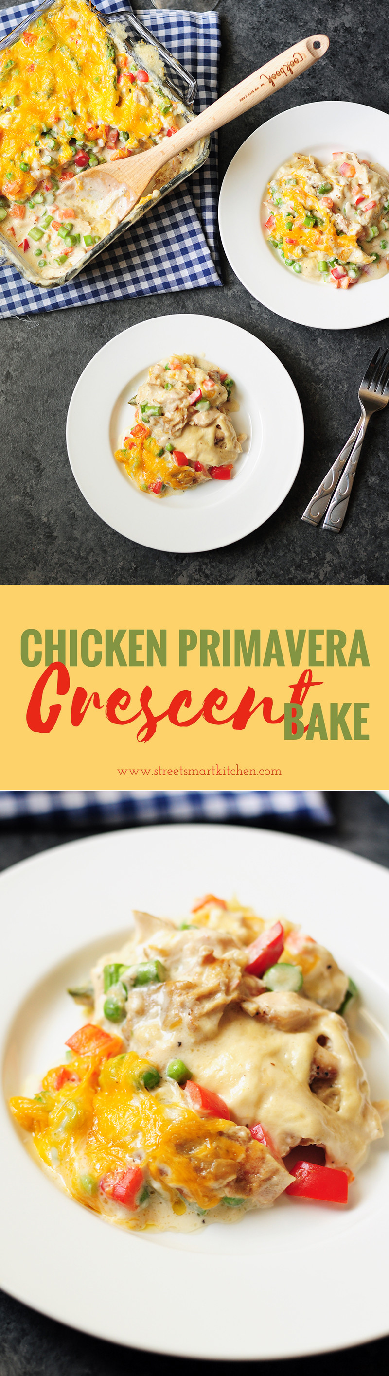 Chicken Primavera rolled up in crescent rolls and covered with a delicious layer of creamy vegetables, this crescent bake is not your average casserole!