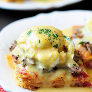 This is a unique Eggs Benedict recipe with slow cooked barbacoa and a green chili hollandaise served on a chilaquiles base.