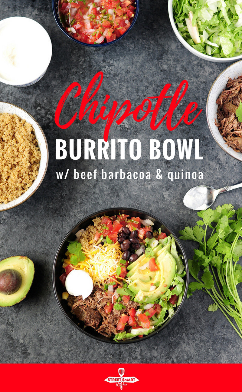 Recreate a healthy Chipotle burrito bowl in your own kitchen in just 15 minutes with slow cooker beef barbacoa and quinoa.