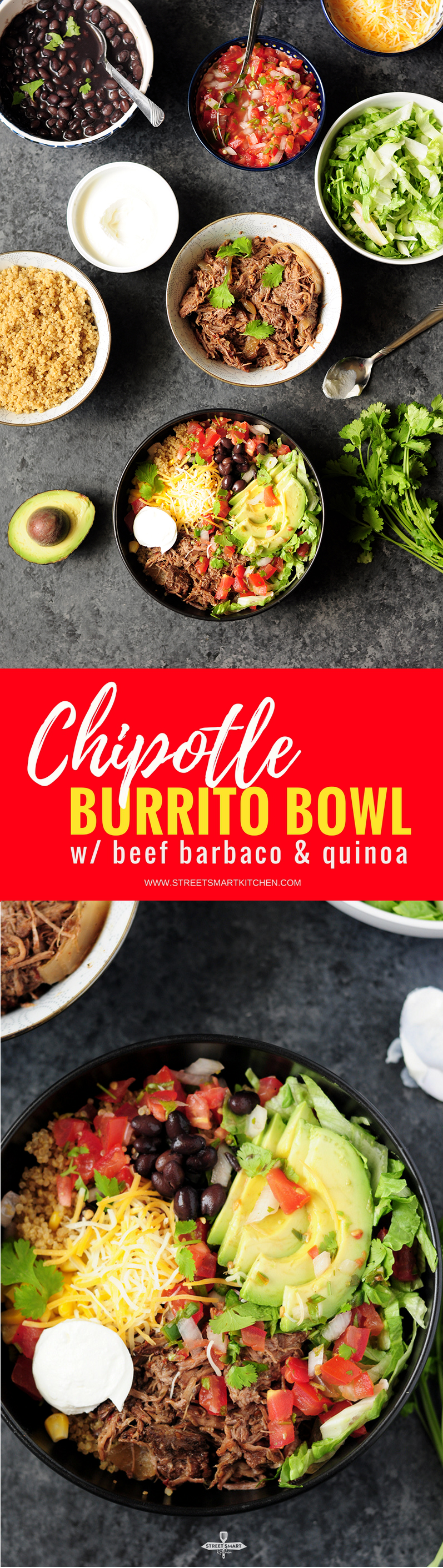 Recreate a healthy Chipotle burrito bowl in your own kitchen in just 15 minutes with slow cooker beef barbacoa and quinoa.