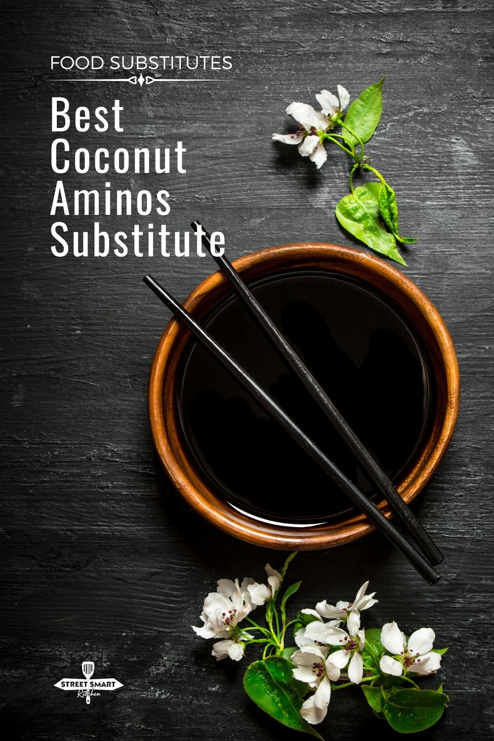 coconut aminos in a bowl with chopsticks and flowers