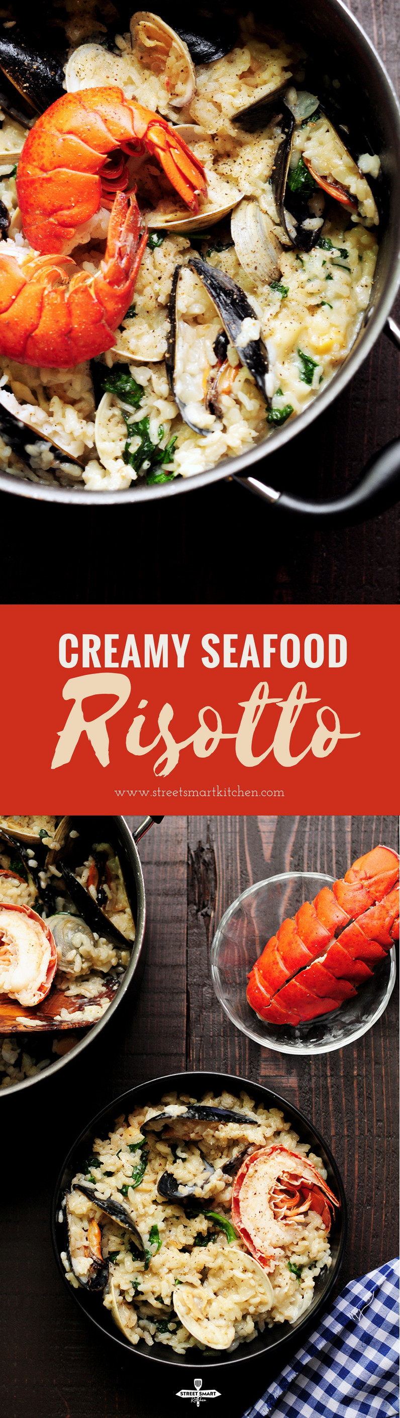 Creamy seafood risotto recipe dedicatedly simmered in lobster stock and heavy cream with clams, mussels, bay scallops, lobster tails, and spinach. It's a perfect date-night-in dinner or for any special occasions.