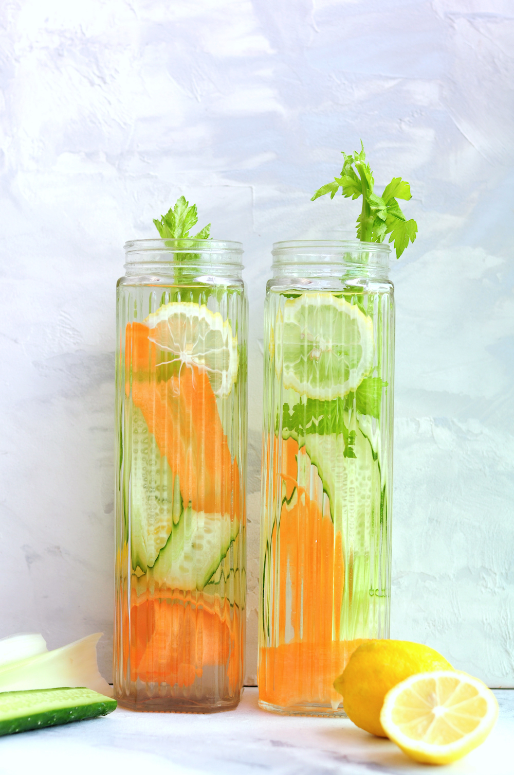 Cucumber Lemon Water with Carrots and Celery in 1-liter Jars