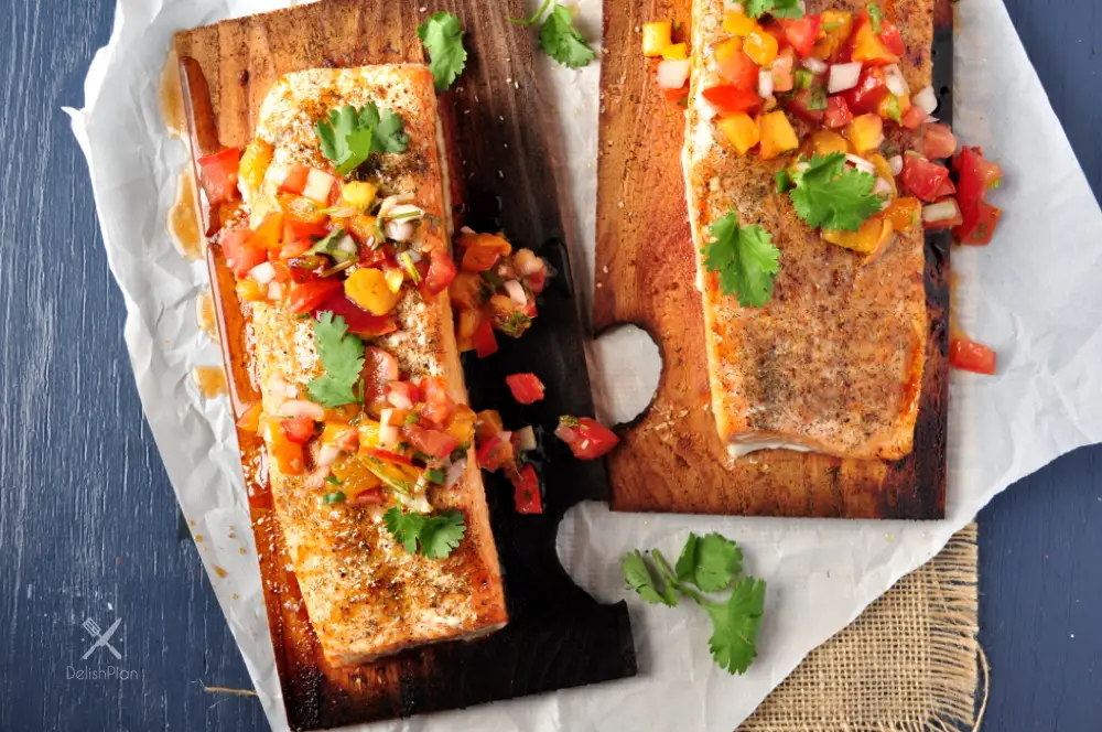 Cedar Plank Salmon with Peach Pico De Gallo