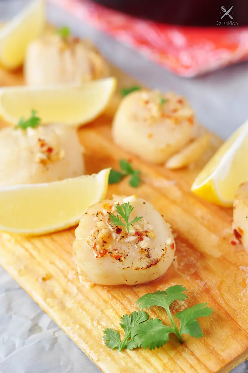 Cedar Plank Beer Scallops with Roasted Vegetables