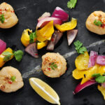 Cedar Plank Beer Scallops with Roasted Vegetables