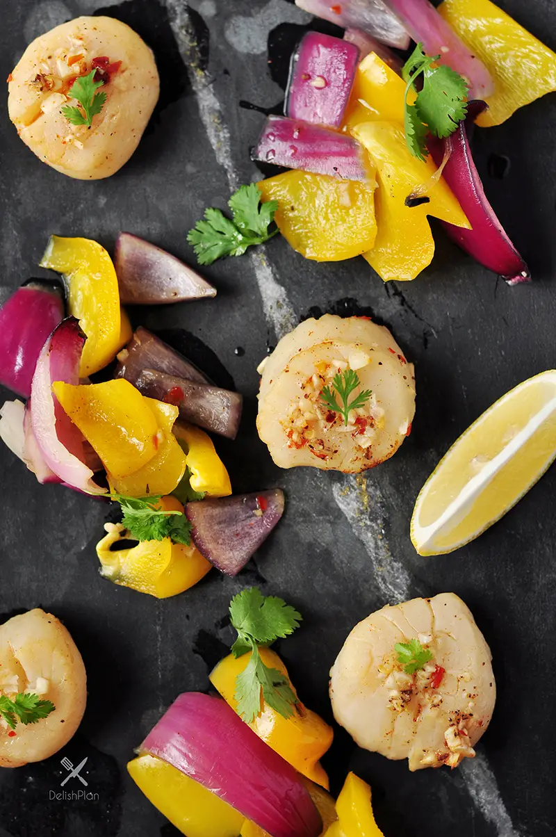 Cedar Plank Beer Scallops with Roasted Vegetables