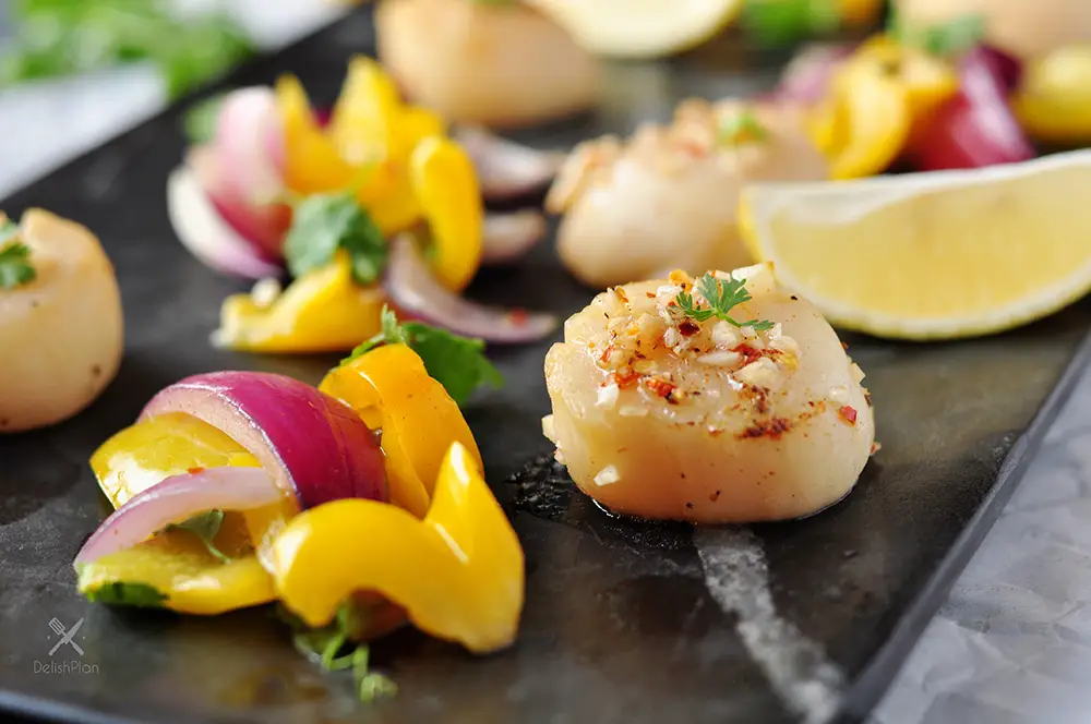 Cedar Plank Beer Scallops with Roasted Vegetables