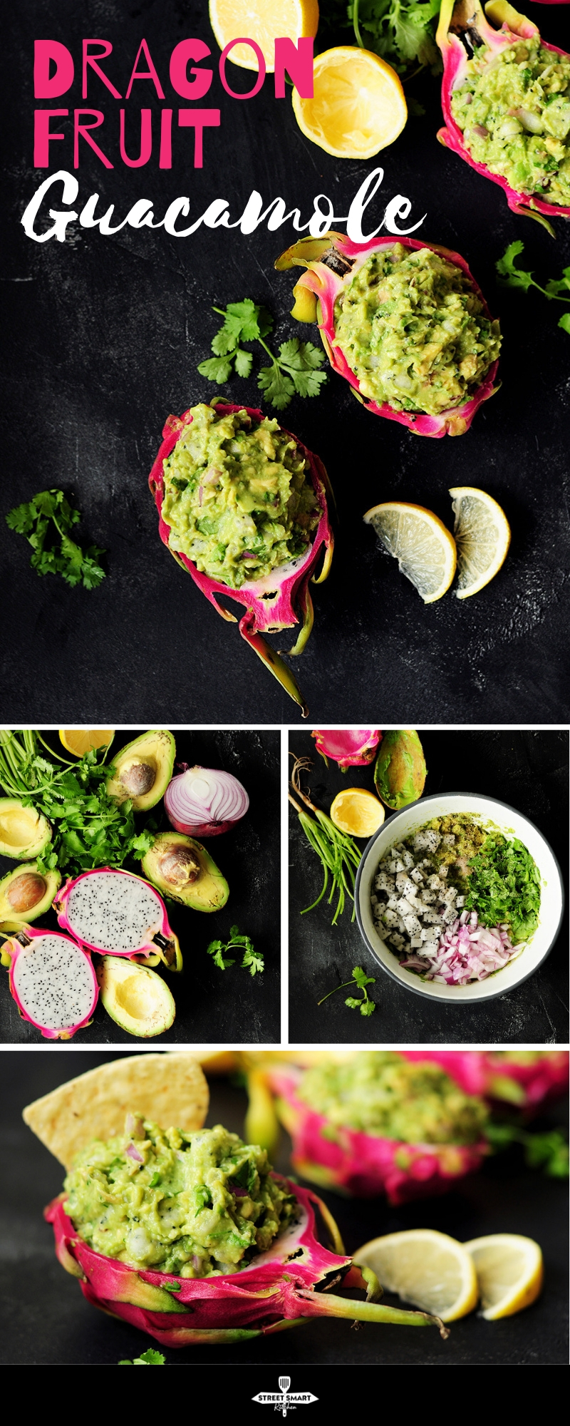 Surprise and delight your taste buds by combining dragon fruit with creamy avocado for a refreshing guacamole served individually in a dragon fruit shell.