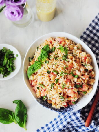 Use your leftover rice to make this light and refreshing beans and rice side dish. It's protein-packed, gluten-free, and ready in ten minutes.