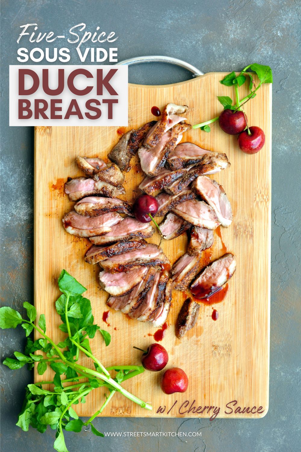 Perfect sous vide duck breast seasoned with fragrant five-spice with ginger and garlic, then served with a luscious and tangy cherry sauce.