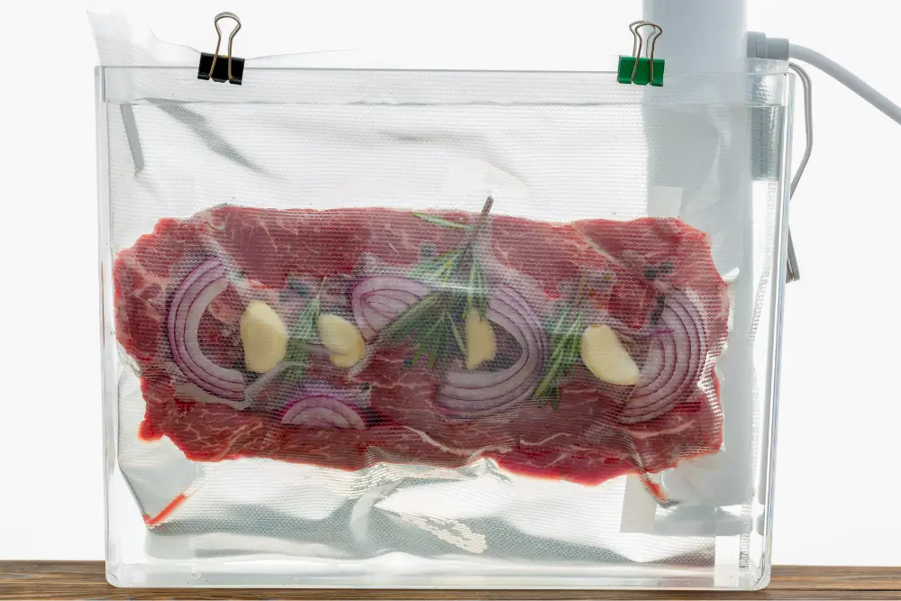 Vacuum sealed flank steak in a sous vide water bath