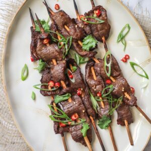 Make juicy ginger beef skewers with a sweet-savory marinade of tamari, garlic, and fresh ginger. Ready in 20 minutes — perfect for your next grill night.