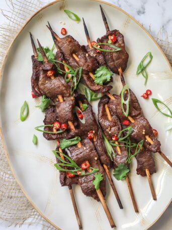 Make juicy ginger beef skewers with a sweet-savory marinade of tamari, garlic, and fresh ginger. Ready in 20 minutes — perfect for your next grill night.