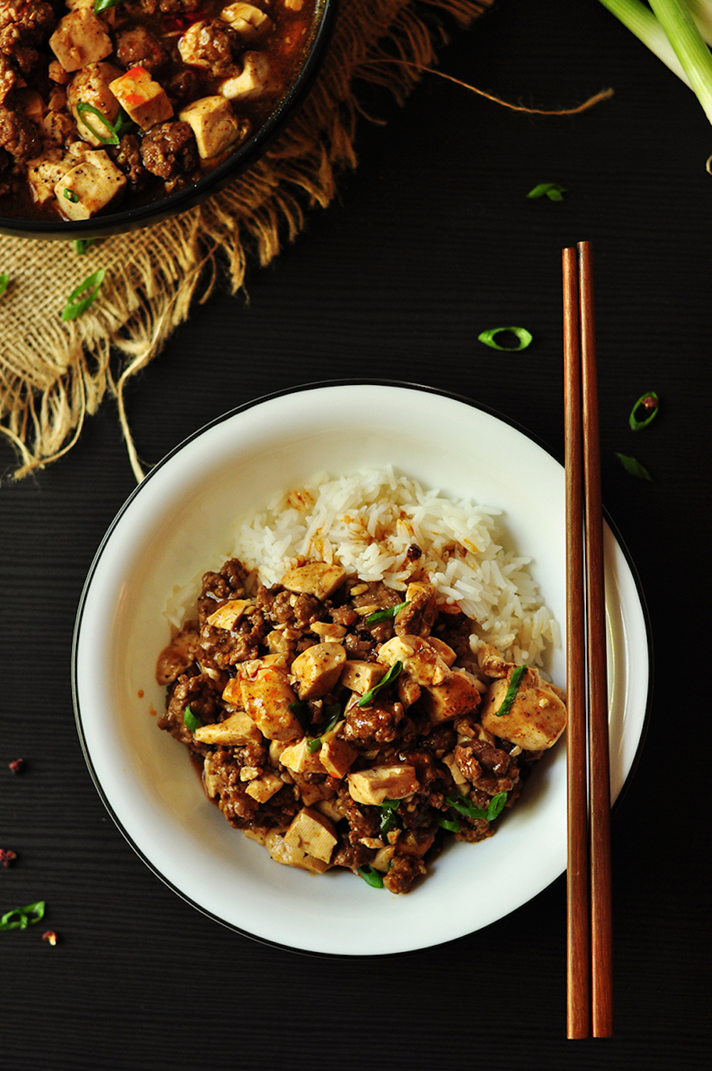 Gluten-free Mapo Tofu served with rice.