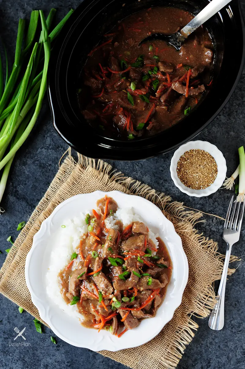 Mongolian beef recipe made gluten free in a slow cooker! This is a perfect recipe for slow cooker beginners or for those who just want a simple dump meal.