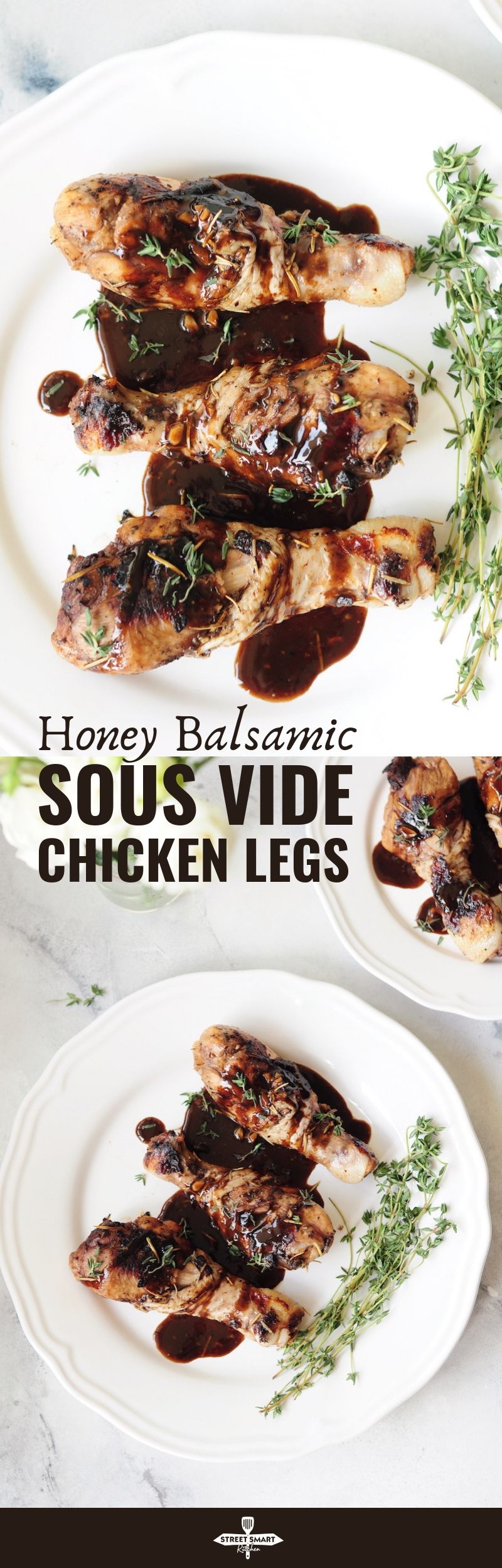These sous vide chicken legs offer super tender chicken meat along with crispy skin. Drizzled with a delectable honey balsamic sauce, they are fingerlickingly delicious.