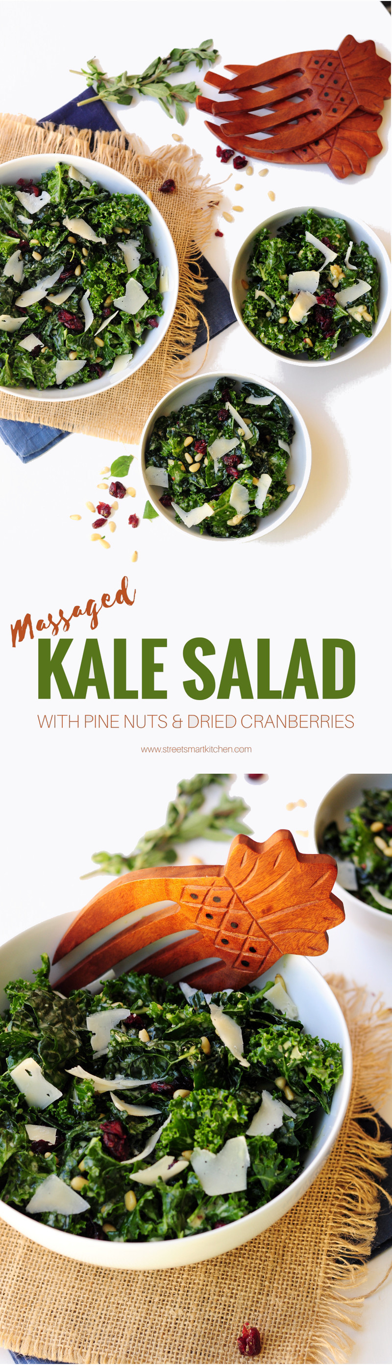 Massaged kale salad tossed with pine nuts and dried cranberries in a delightful oregano lemon salad dressing and topped with shaved Parmesan cheese. 